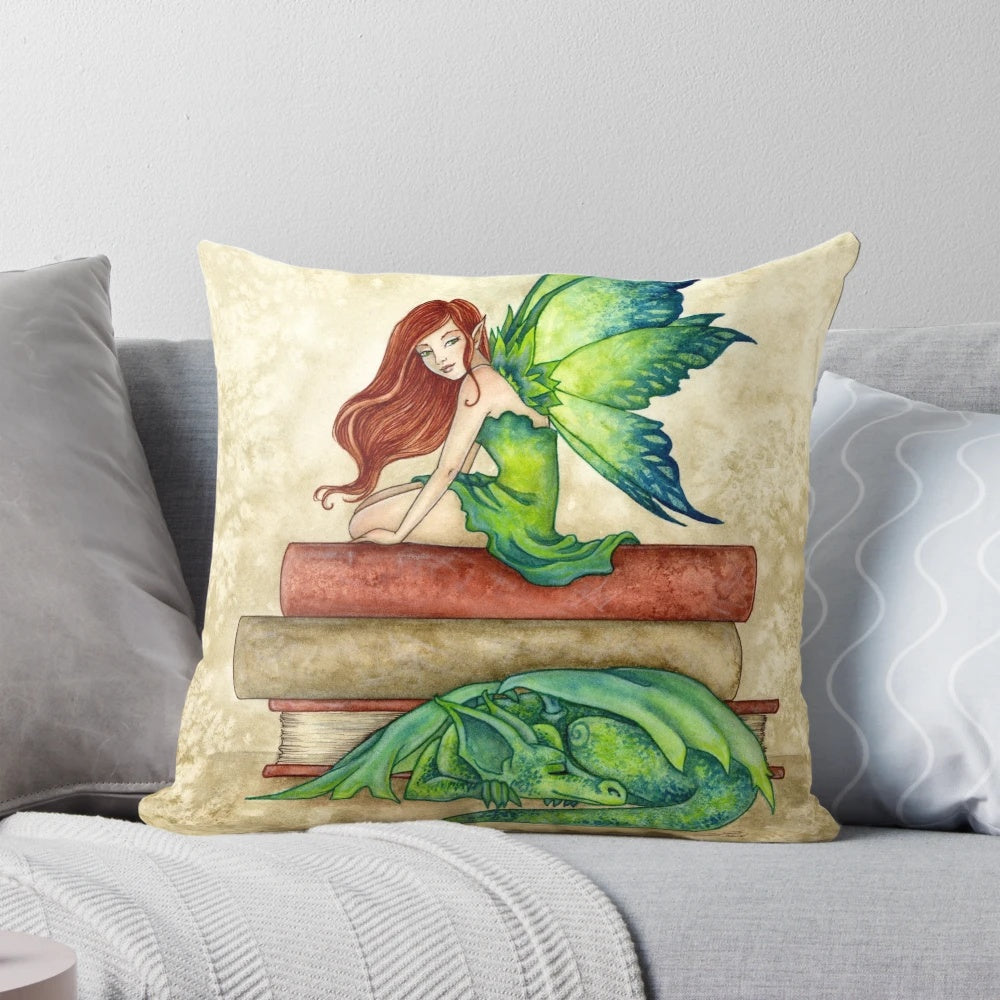 Cozy green fairy pillow with whimsical fantasy creatures for reading and relaxation