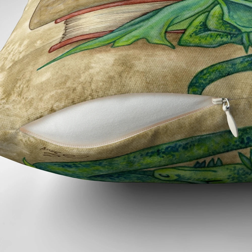 Cozy green fairy pillow with whimsical fantasy creatures for reading and relaxation