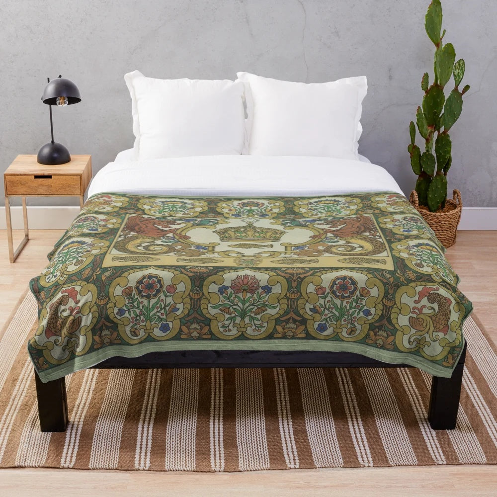 Heart-shaped plush blanket with Slavic folklore inspired design by Ivan Bilibin