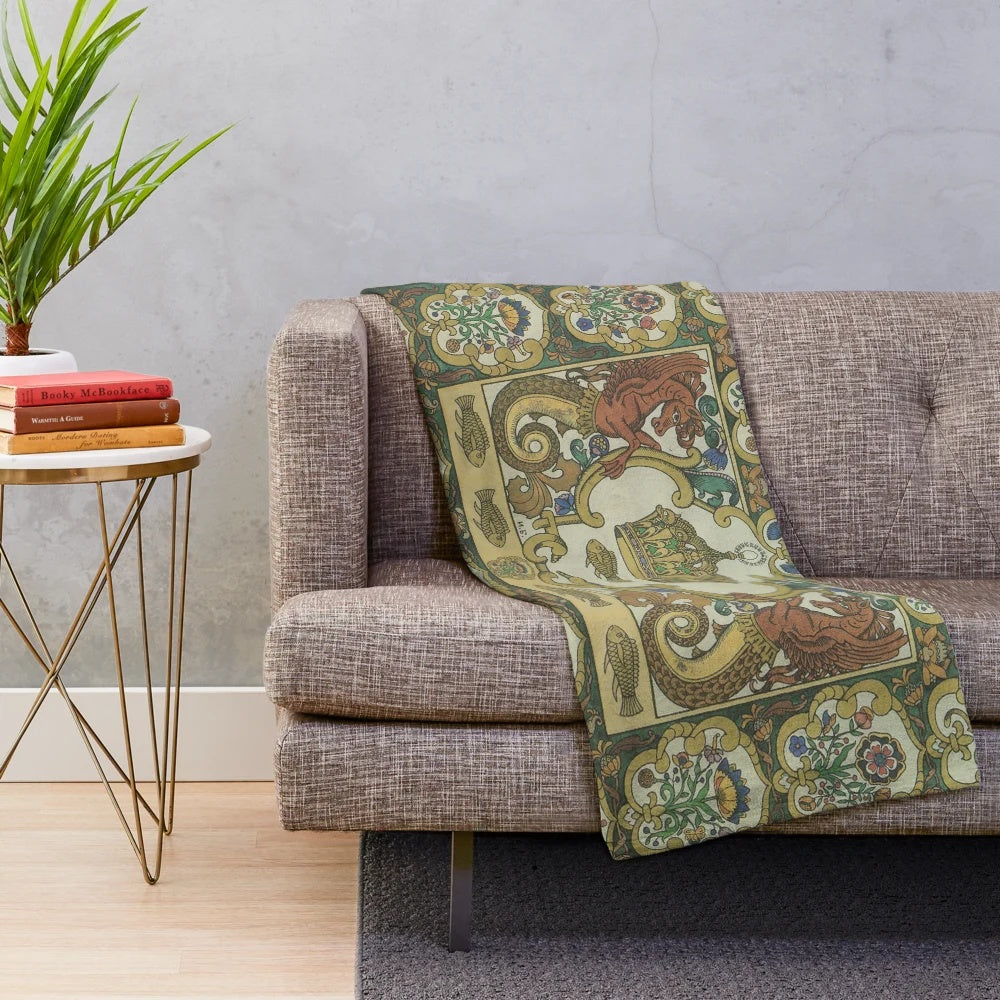 Heart-shaped plush blanket with Slavic folklore inspired design by Ivan Bilibin