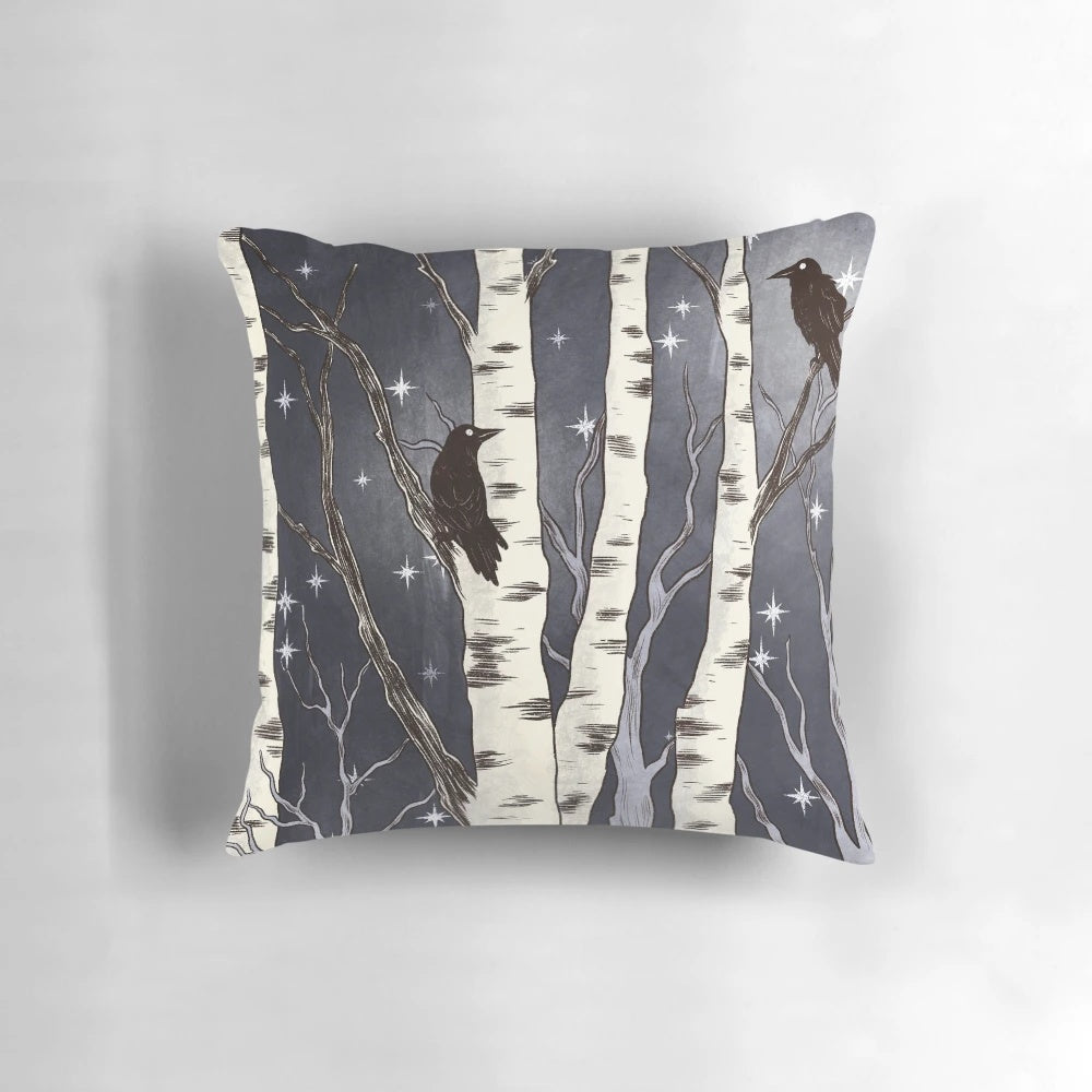 Decorative pillow featuring a whimsical night sky design with birch trees and flying birds