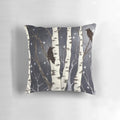Decorative pillow featuring a whimsical night sky design with birch trees and flying birds