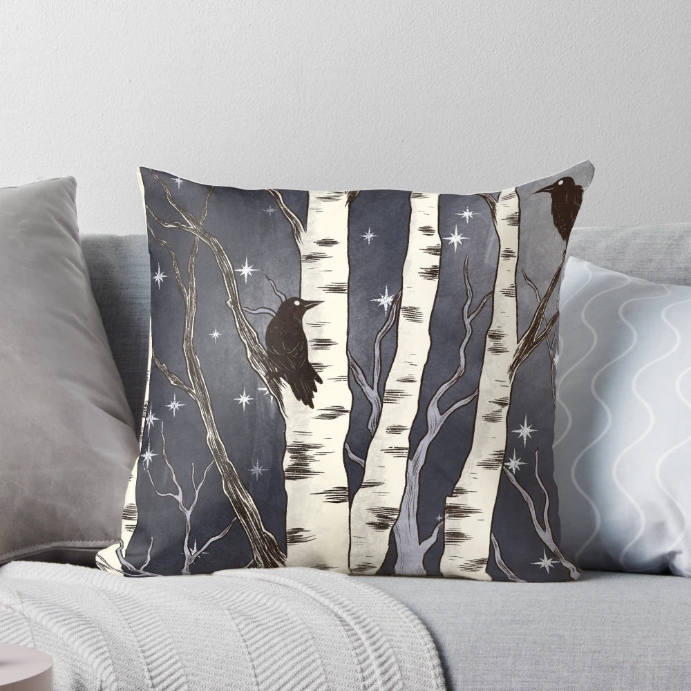 Decorative pillow featuring a whimsical night sky design with birch trees and flying birds