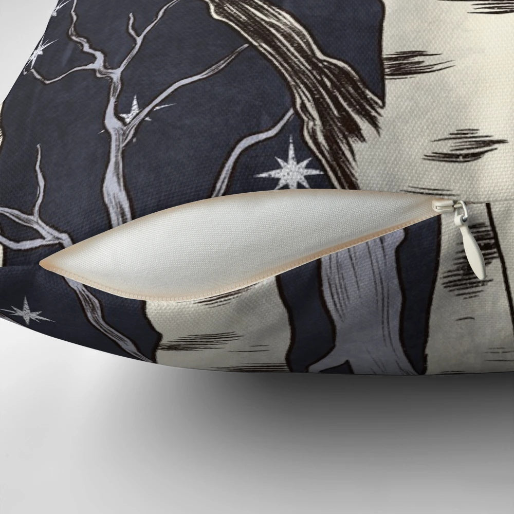 Decorative pillow featuring a whimsical night sky design with birch trees and flying birds