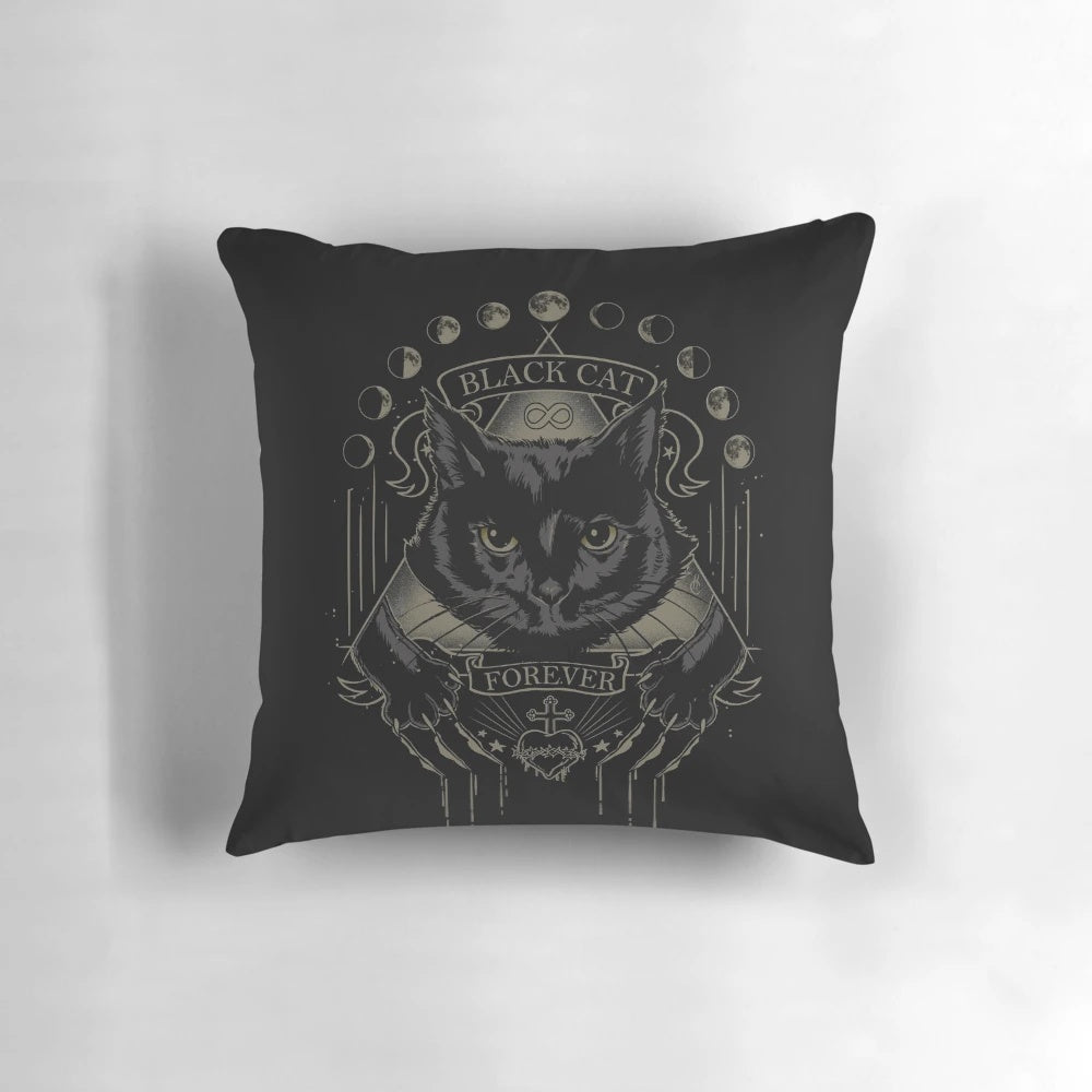 Black cat pillow featuring occult and lunar motifs, perfect for a witchy home.