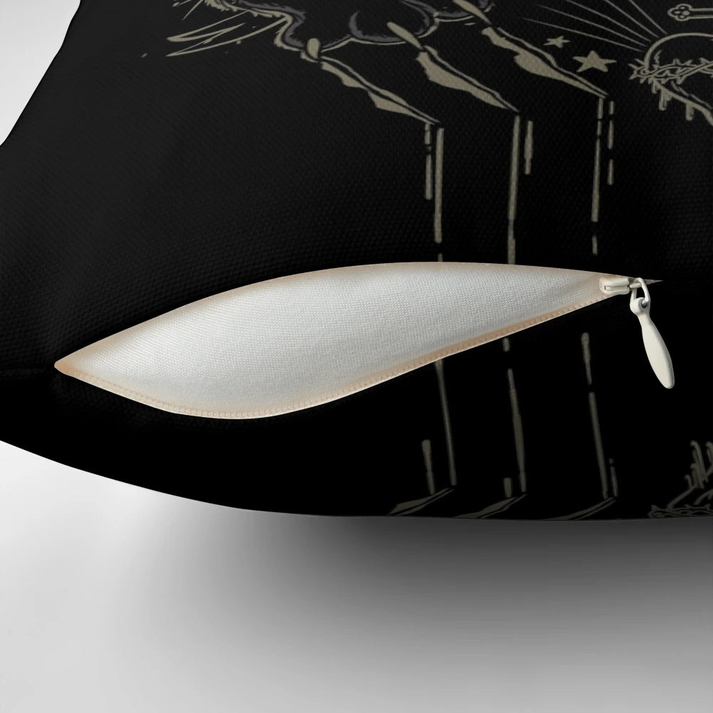 Black cat pillow featuring occult and lunar motifs, perfect for a witchy home.