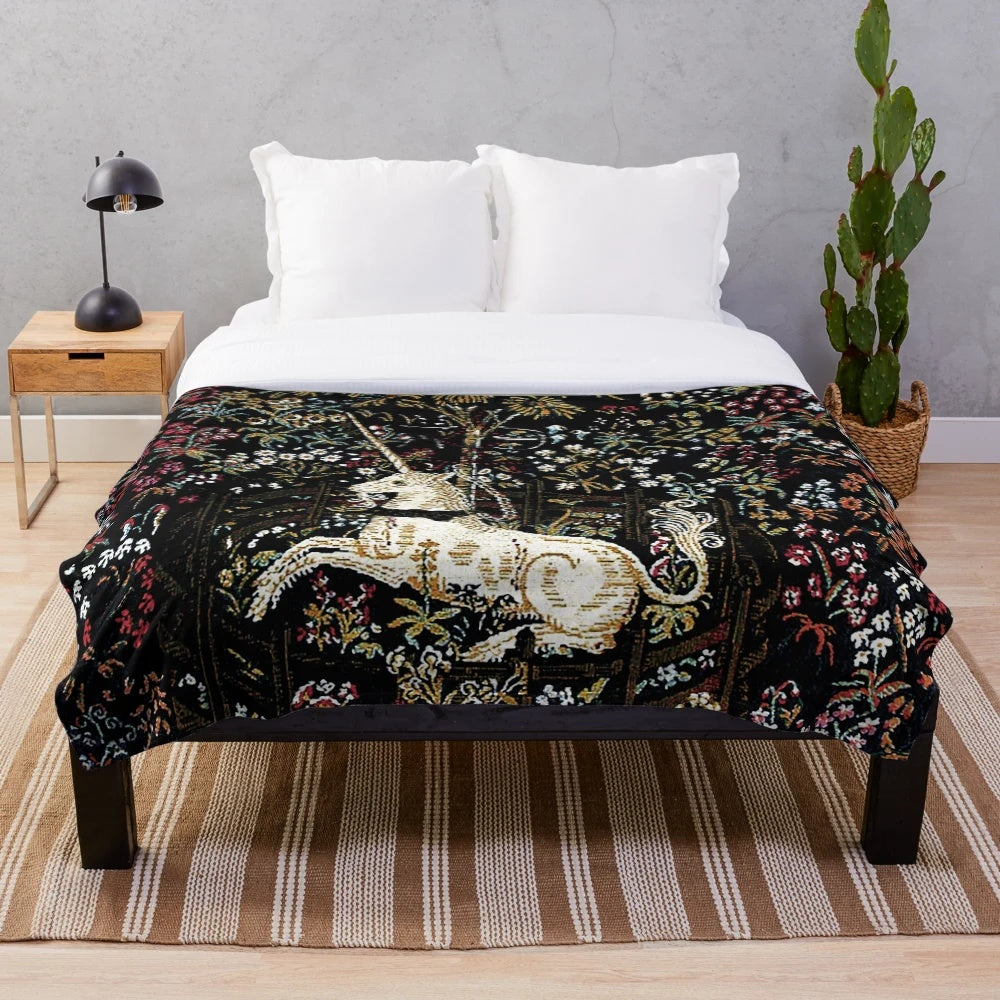 Mythical unicorn in captivity black floral tapestry plush blanket