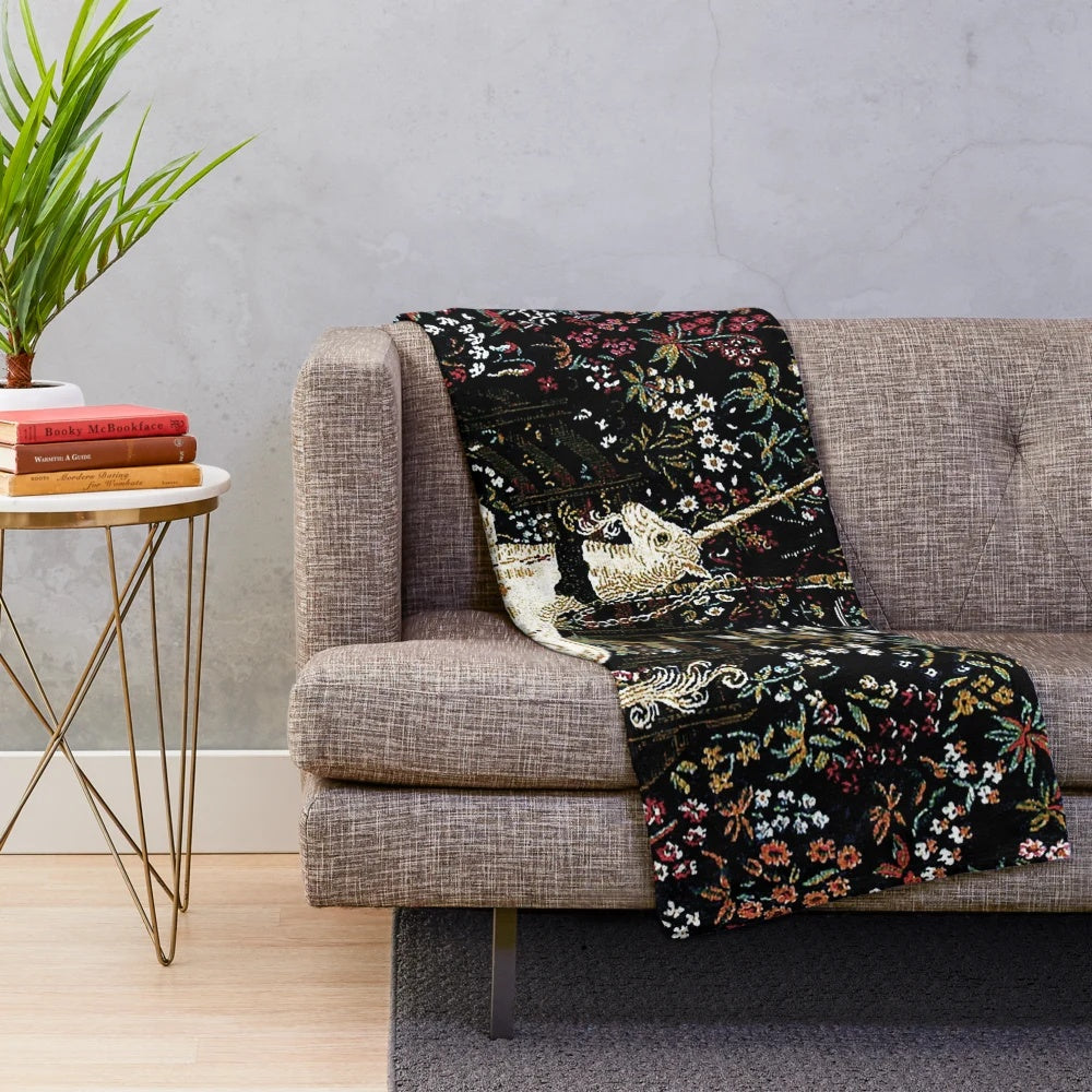 Mythical unicorn in captivity black floral tapestry plush blanket