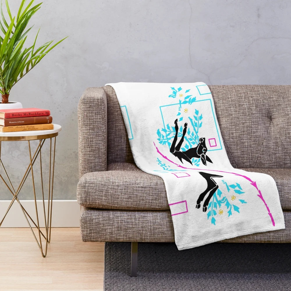 Black horse plush blanket with vintage floral and mythical creature design