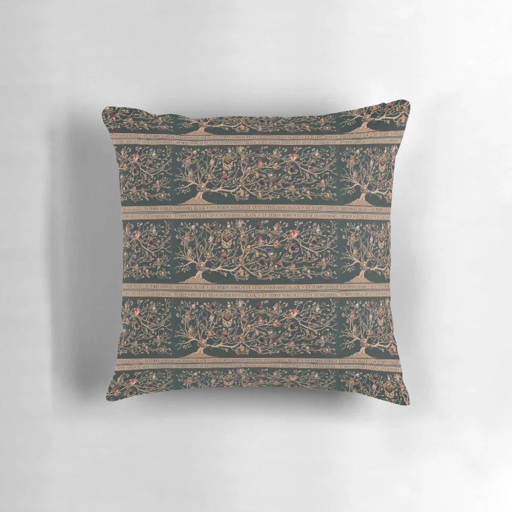Black tapestry pillow featuring a family tree with astrology symbols