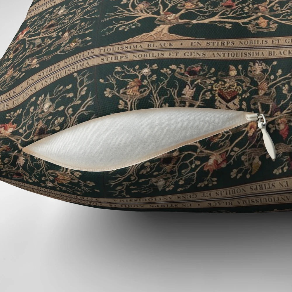 Black tapestry pillow featuring a family tree with astrology symbols
