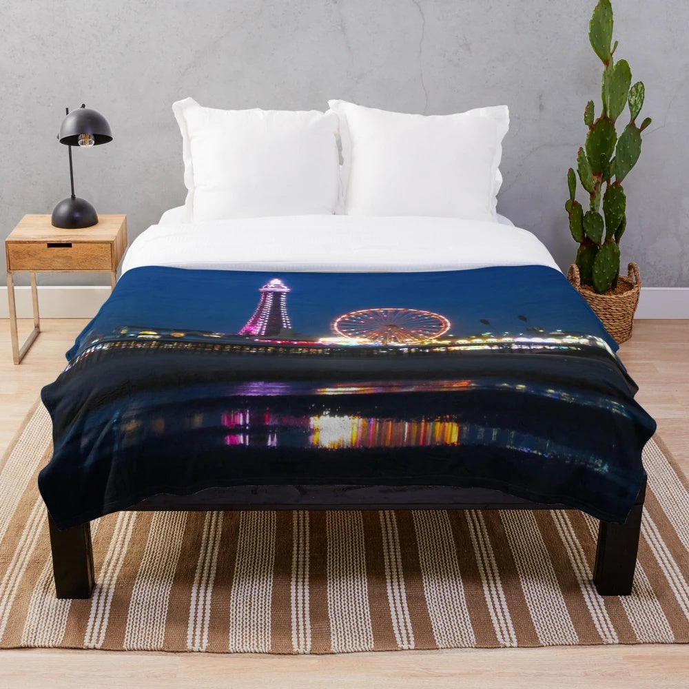 Blackpool Beach at Night Plush Blanket featuring a stunning night photography scene of the Blackpool Tower and illuminations