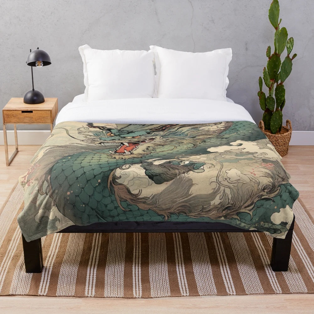 Blue dragon plush blanket with Asian-inspired artwork