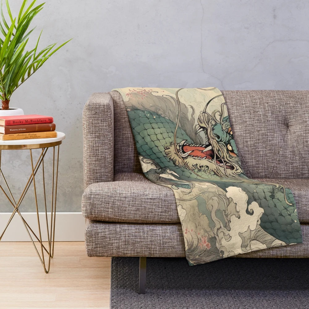 Blue dragon plush blanket with Asian-inspired artwork
