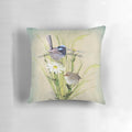 A soft, plush pillow featuring the vibrant blue and gray plumage of a fairy wren, a beloved Australian garden bird.