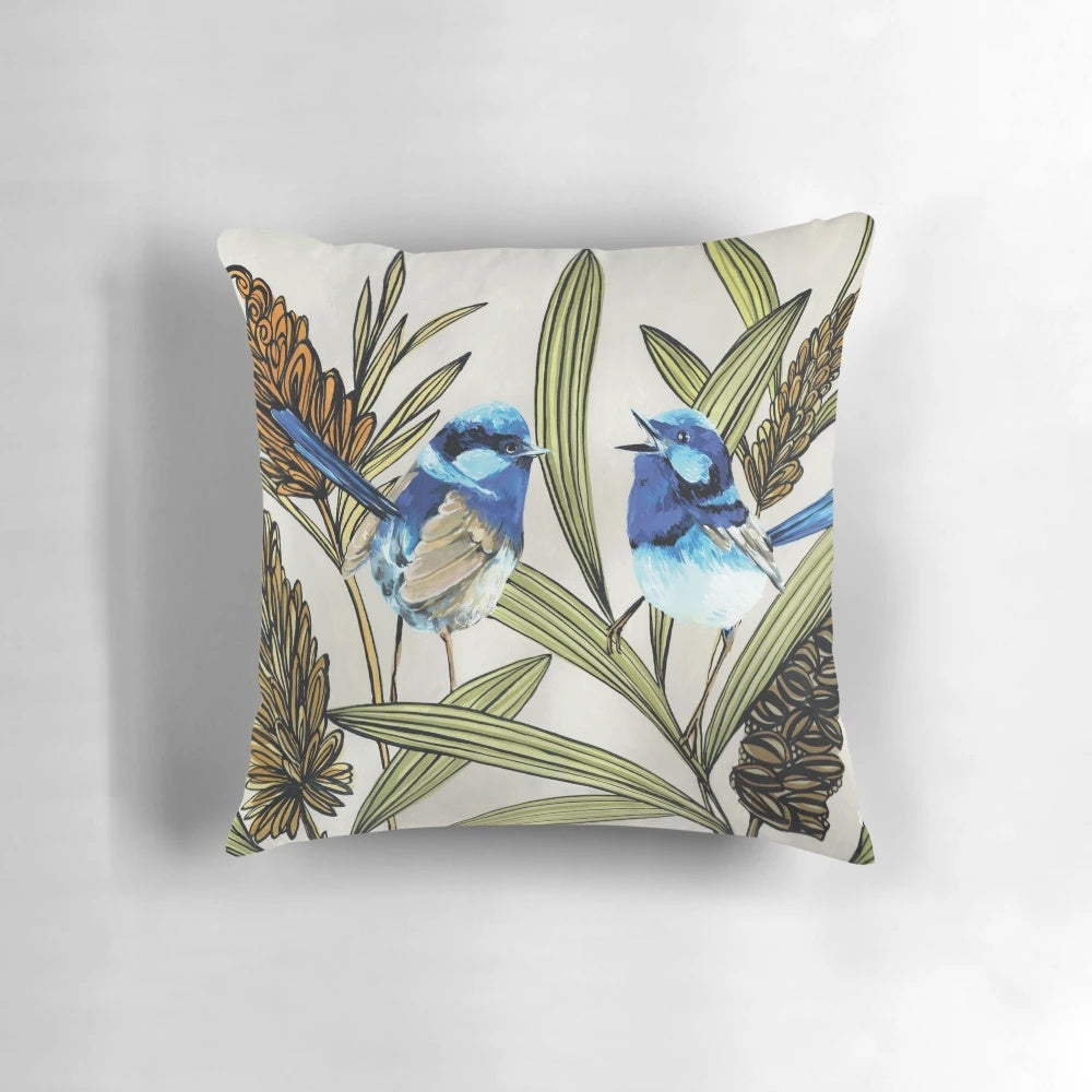 Vibrant blue fairy wren bird printed on a soft pillow, showcasing the beauty of Australian native wildlife.
