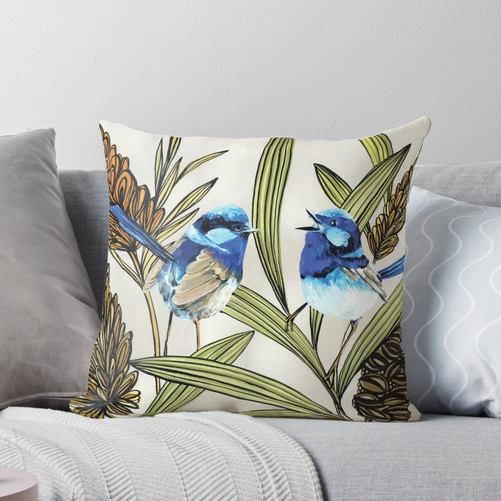 Vibrant blue fairy wren bird printed on a soft pillow, showcasing the beauty of Australian native wildlife.