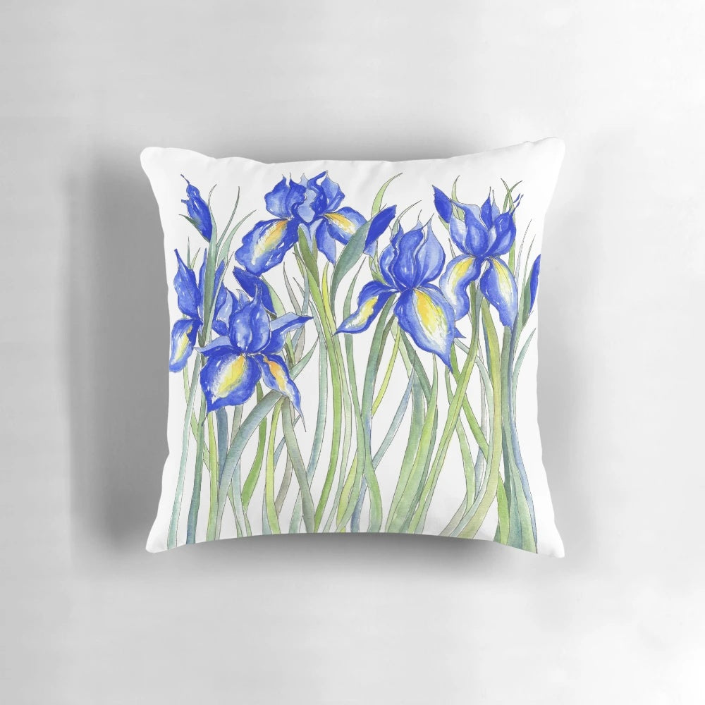 A close-up illustration of a beautiful blue iris flower, rendered in a watercolor and pen and ink style.