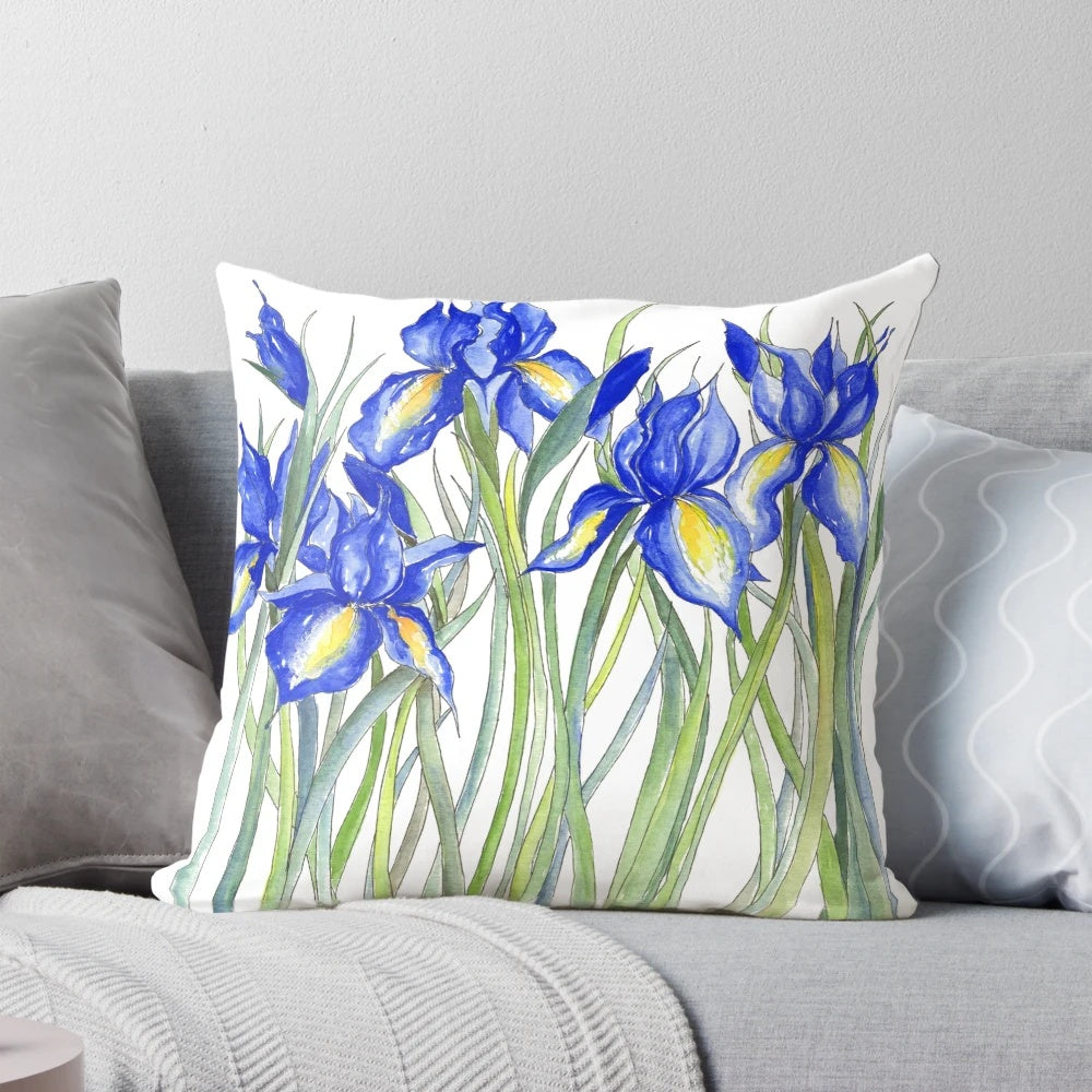 A close-up illustration of a beautiful blue iris flower, rendered in a watercolor and pen and ink style.