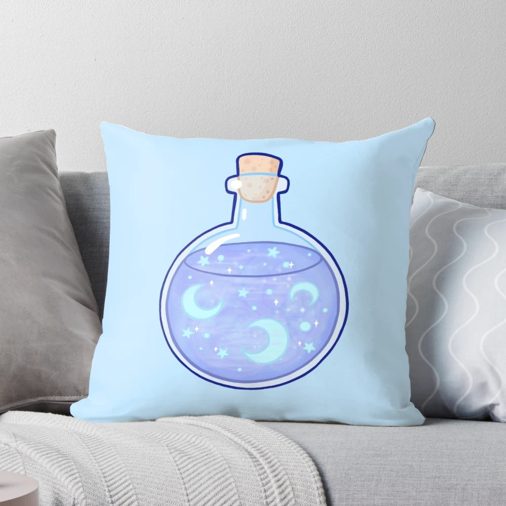Blue Moon Brew Pillow with Shimmering Glitter and Witchcraft Symbols