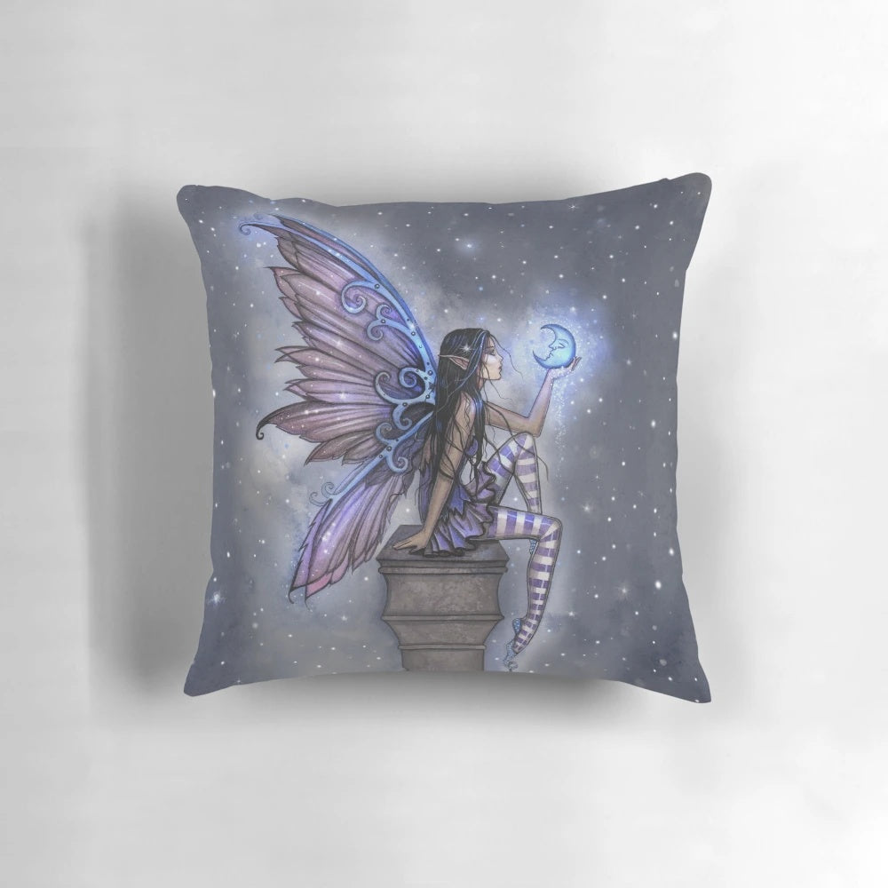 Whimsical blue fairy floating in front of a night sky with stars and a crescent moon, by fantasy artist Molly Harrison.