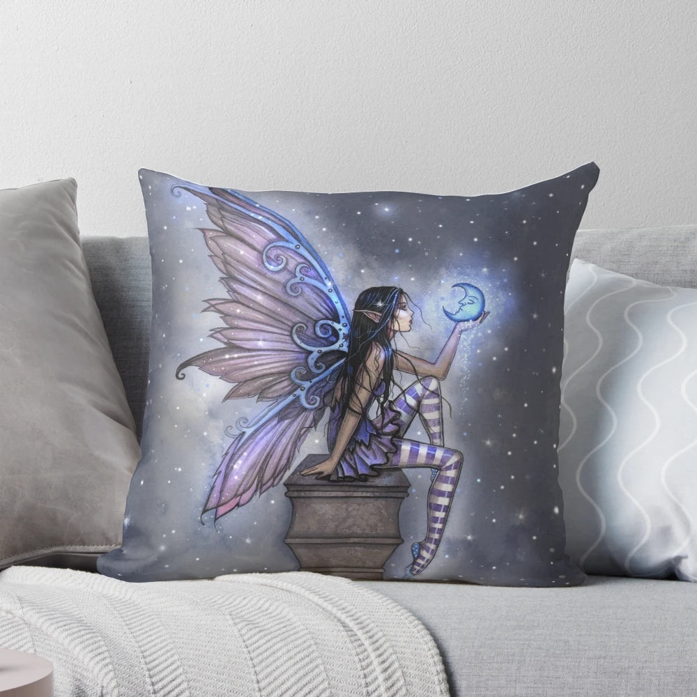 Whimsical blue fairy floating in front of a night sky with stars and a crescent moon, by fantasy artist Molly Harrison.