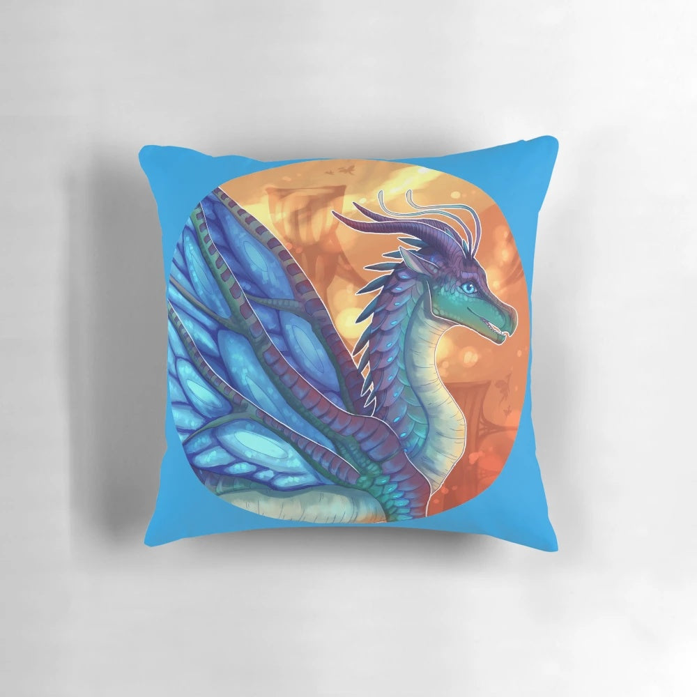 Soft, plush blue pillow featuring a fantasy butterfly and dragon design