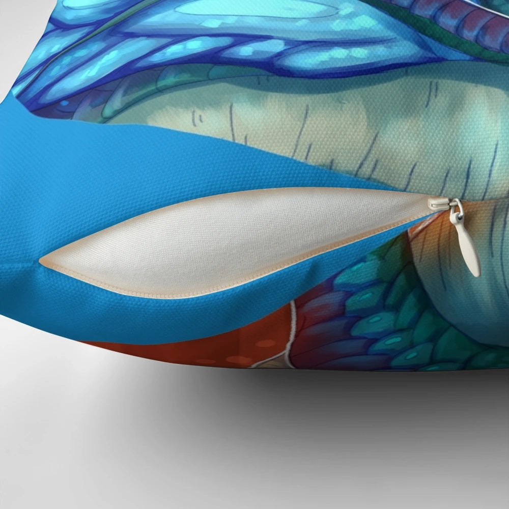 Soft, plush blue pillow featuring a fantasy butterfly and dragon design