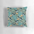 A vibrant blue wren bird perched on a blue gum tree branch, featured on a plush decorative pillow.