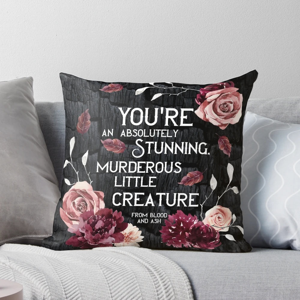 Enchanting book-themed pillow featuring a quote from the "From Blood and Ash" fantasy series by Jennifer L. Armentrout.