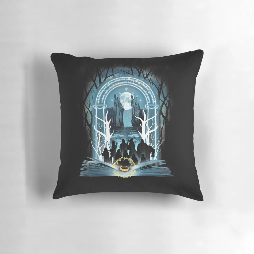 A cozy gray and white pillow with the text "Book of Fellowship" on it, perfect for book lovers and fantasy enthusiasts.