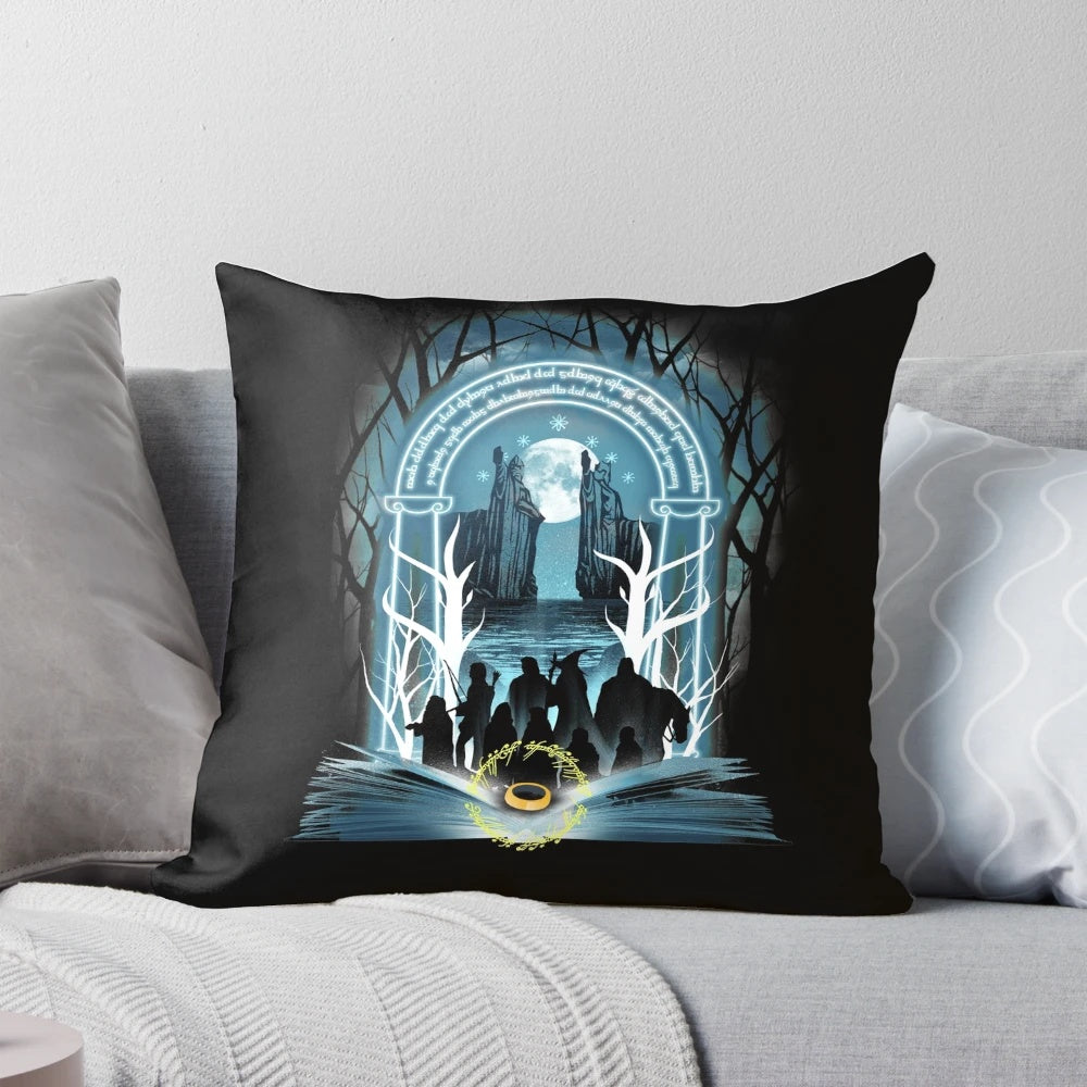 A cozy gray and white pillow with the text "Book of Fellowship" on it, perfect for book lovers and fantasy enthusiasts.