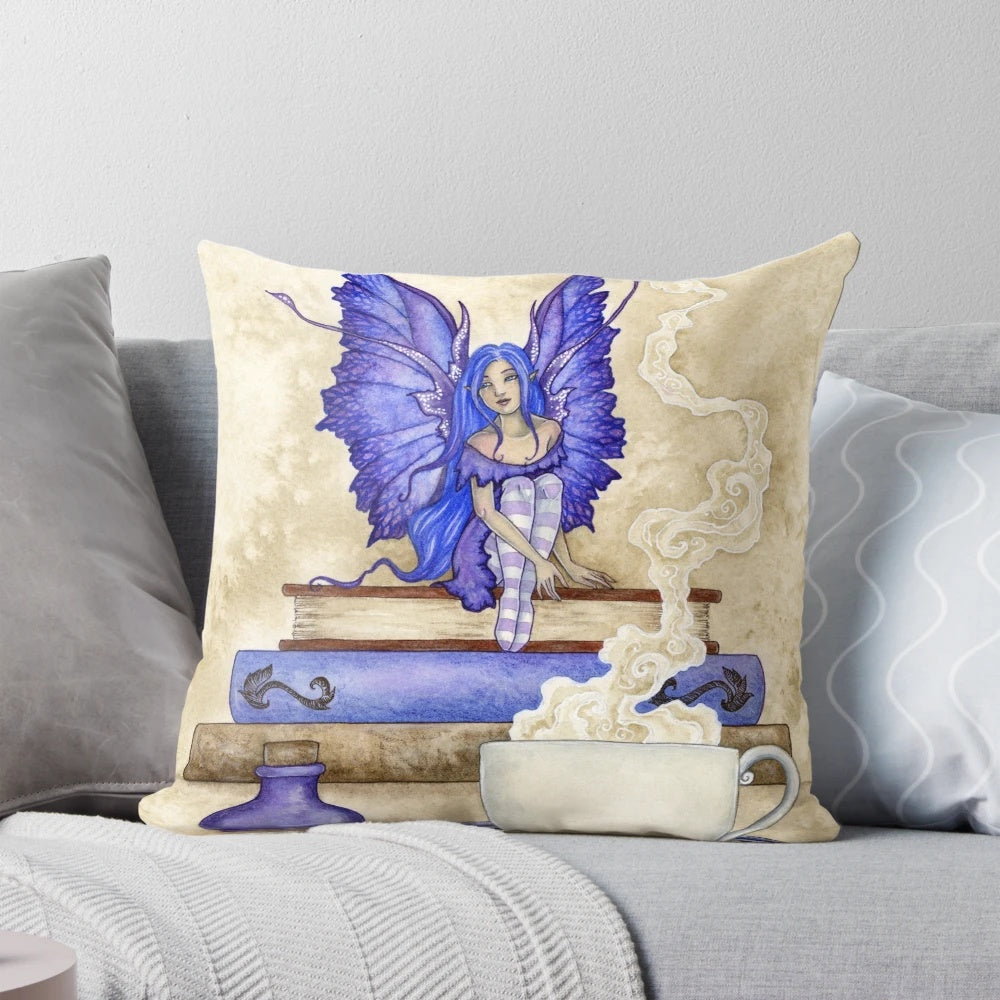 Whimsical purple book worm pillow featuring fairy and fantasy artwork by Amy Brown