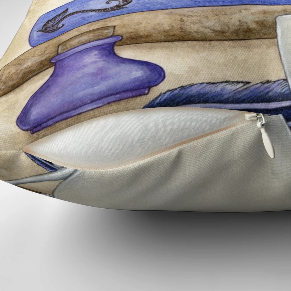 Whimsical purple book worm pillow featuring fairy and fantasy artwork by Amy Brown