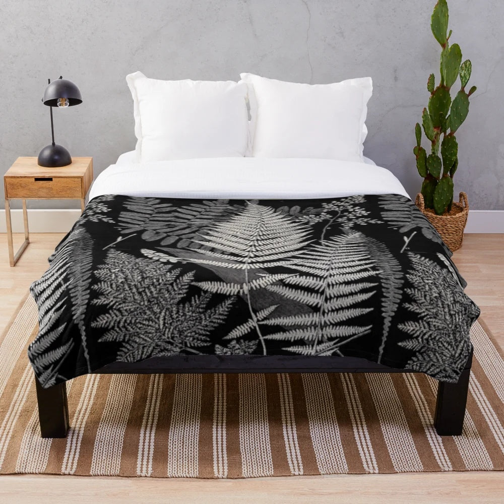 Botanical ferns plush blanket featuring a vintage, black and white design