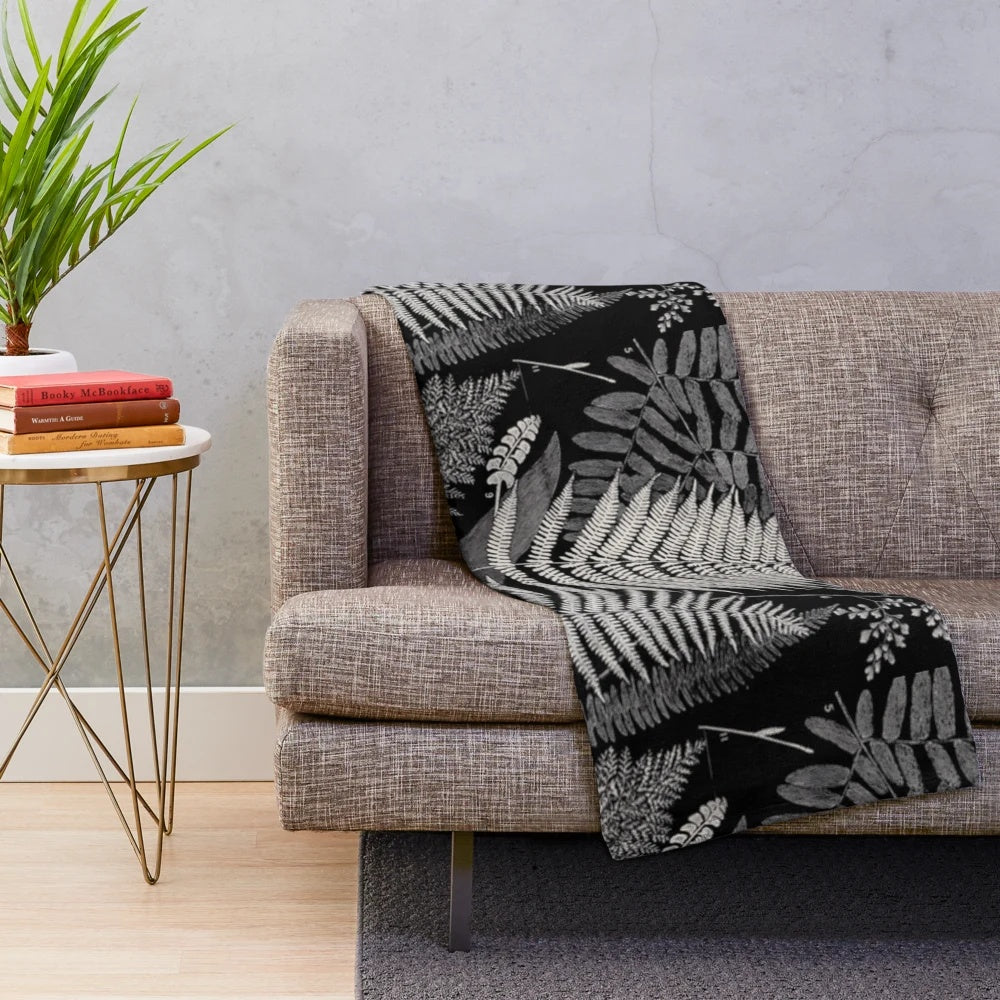Botanical ferns plush blanket featuring a vintage, black and white design