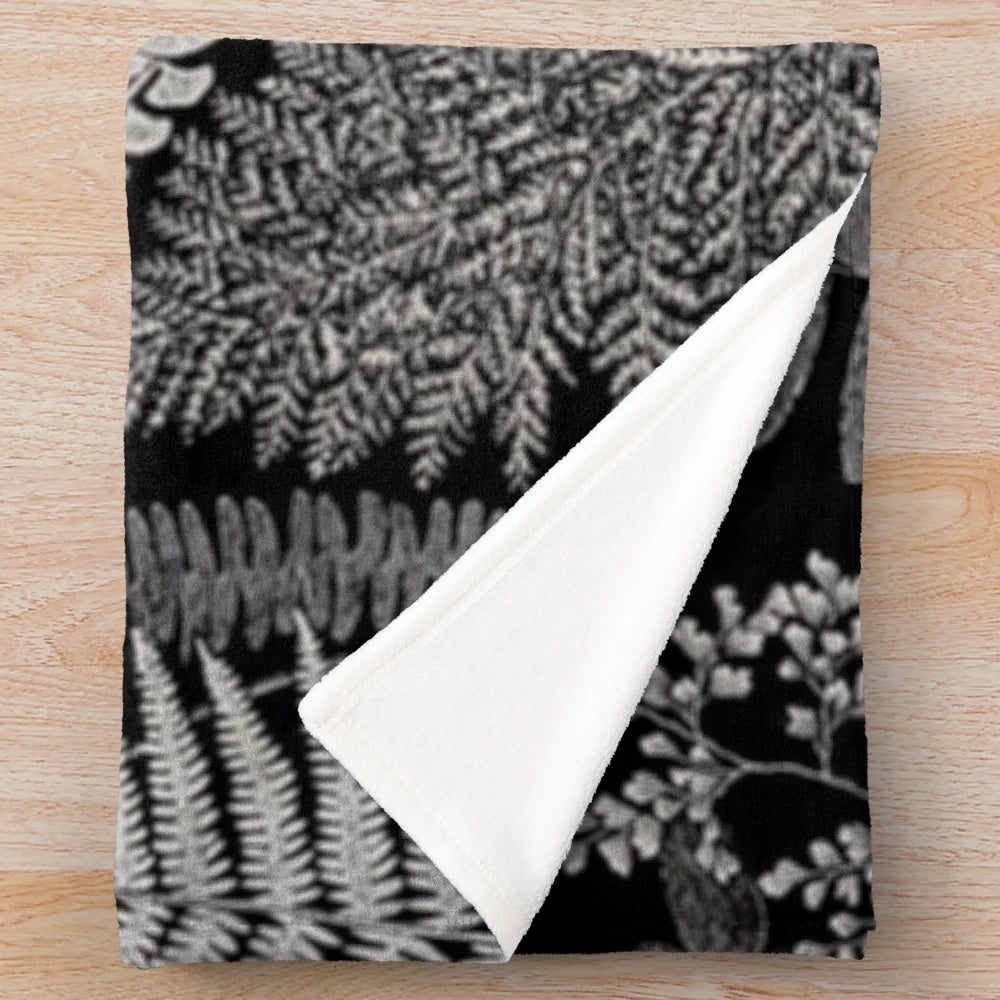 Botanical ferns plush blanket featuring a vintage, black and white design