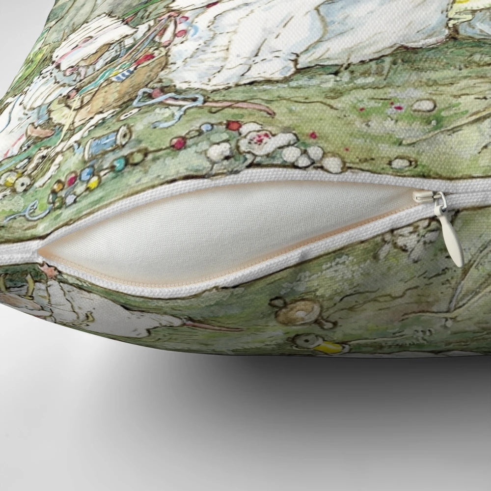 A decorative baby pillow featuring a charming Brambly Hedge-inspired design with hawthorn blossom and baby mice.