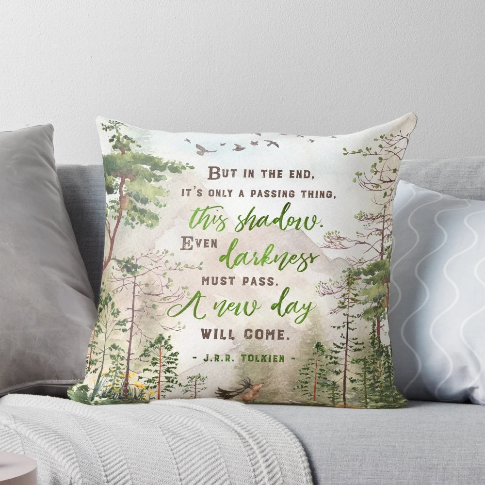Whimsical 'But in the End' Pillow featuring a magical forest landscape