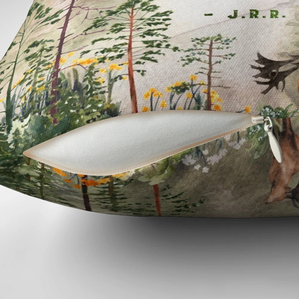 Whimsical 'But in the End' Pillow featuring a magical forest landscape