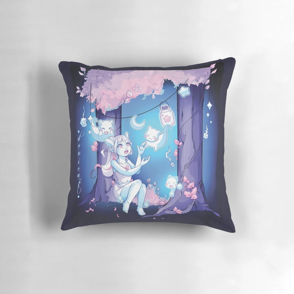 Vibrant CandiCat Ghost Girl and Ghost Cats decorative anime-inspired pillow