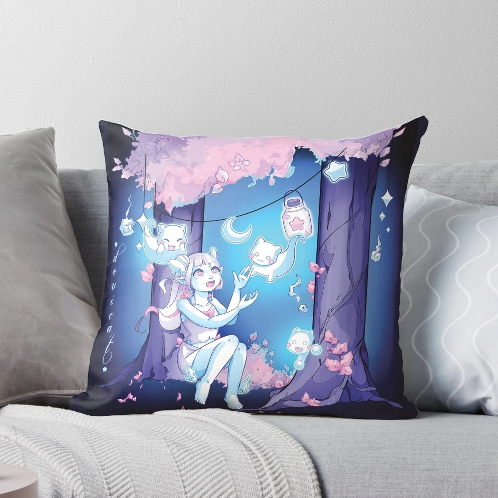 Vibrant CandiCat Ghost Girl and Ghost Cats decorative anime-inspired pillow