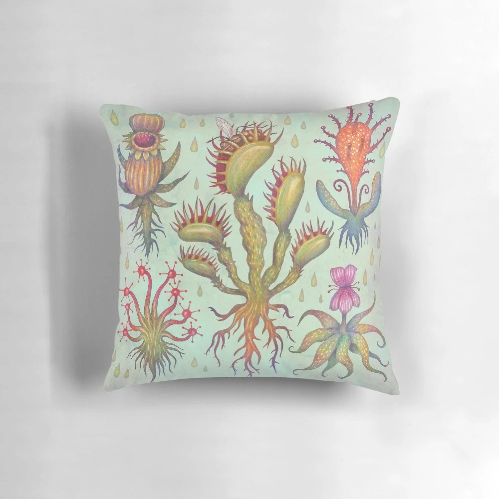 Vibrant watercolor and colored pencil illustration of a carnivorous plant on a soft, plush pillow.