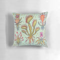 Vibrant watercolor and colored pencil illustration of a carnivorous plant on a soft, plush pillow.