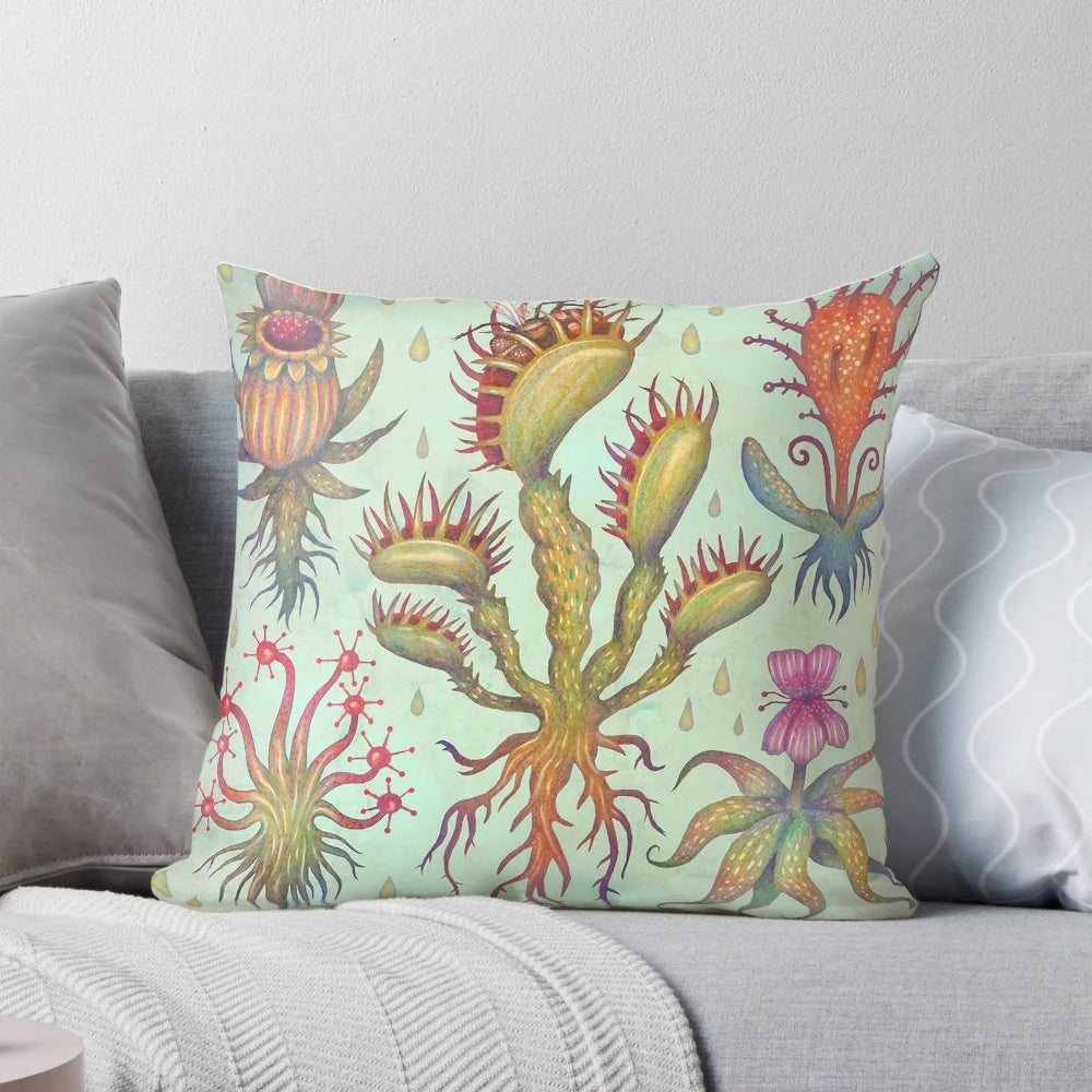 Vibrant watercolor and colored pencil illustration of a carnivorous plant on a soft, plush pillow.