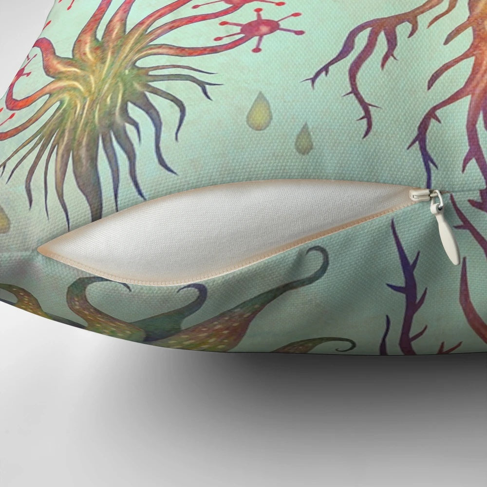 Vibrant watercolor and colored pencil illustration of a carnivorous plant on a soft, plush pillow.