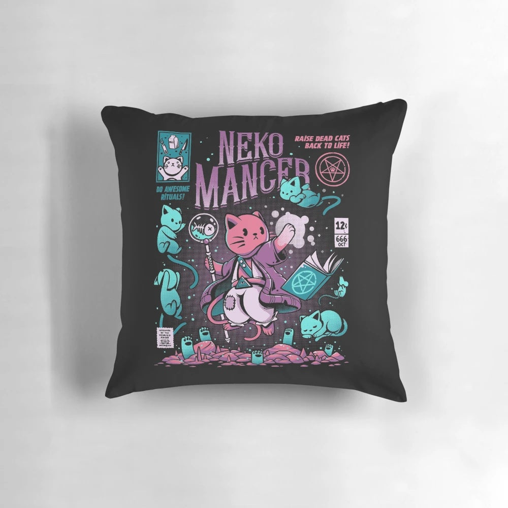 Illustration of a cute cat-inspired pillow with a mystical, spooky design.