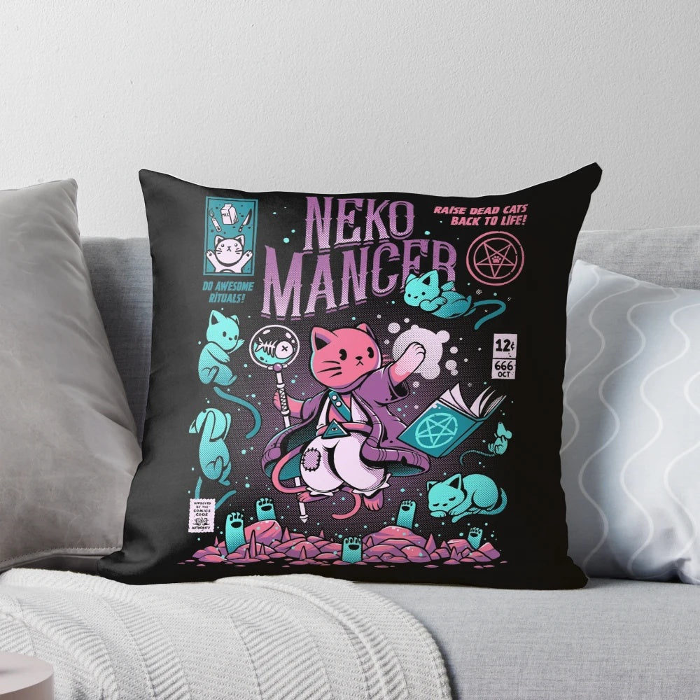 Illustration of a cute cat-inspired pillow with a mystical, spooky design.