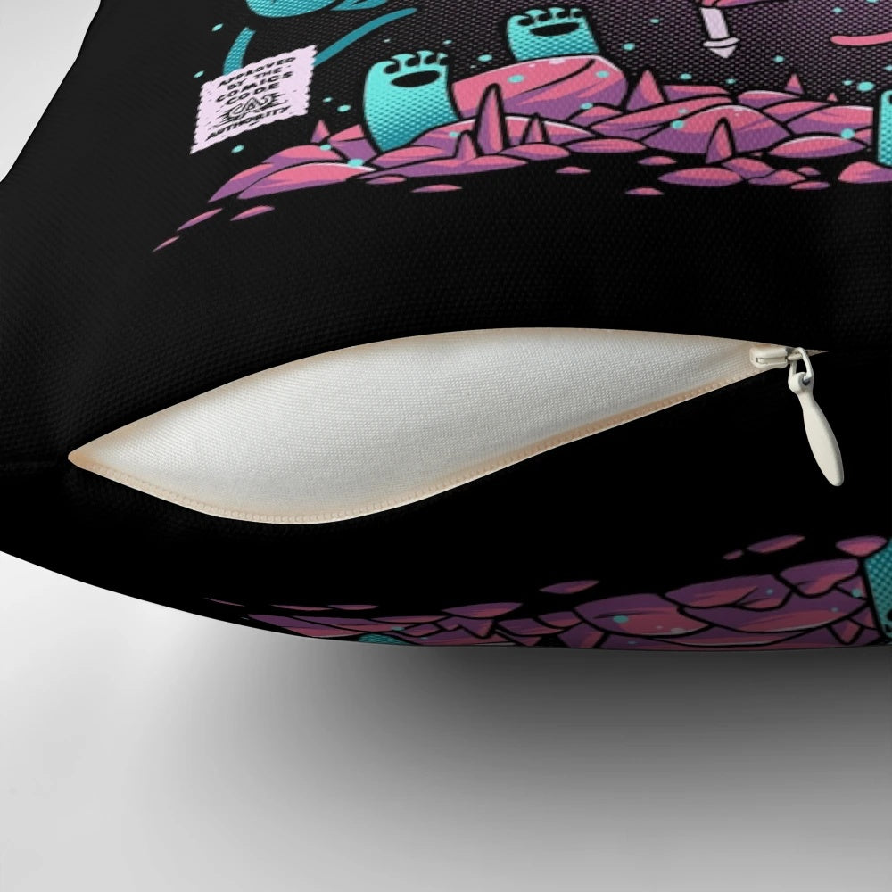 Illustration of a cute cat-inspired pillow with a mystical, spooky design.