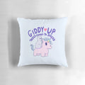 Cute cat riding a unicorn on a colorful, whimsical pillow.